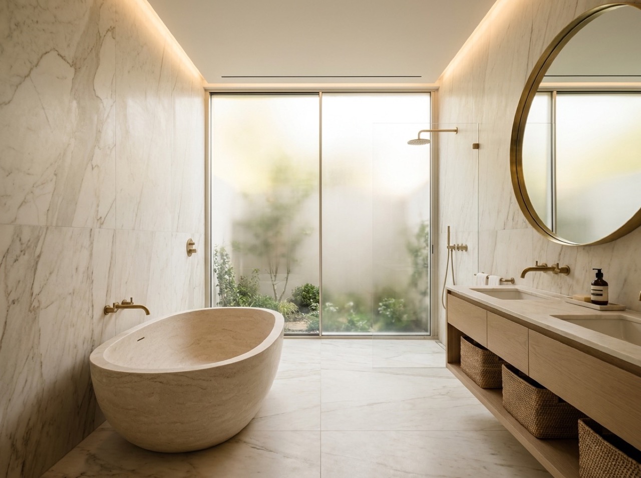 Renovated marble bathroom with freestanding tub