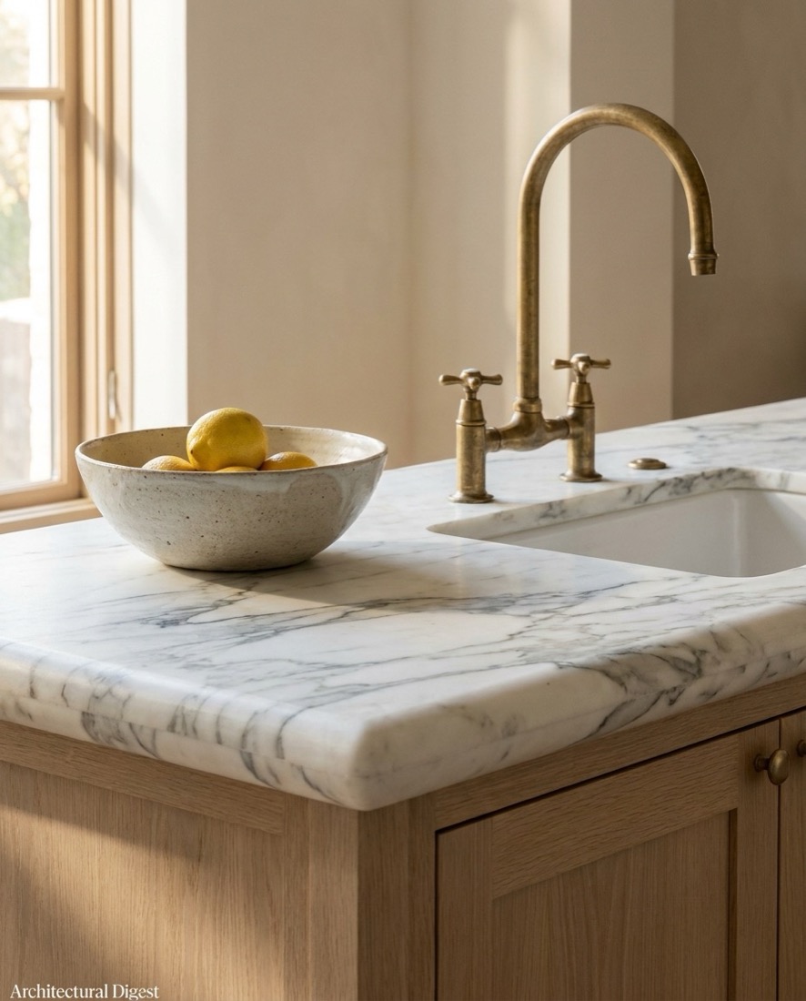 Detail of a renovated kitchen, marble counter and brass tap