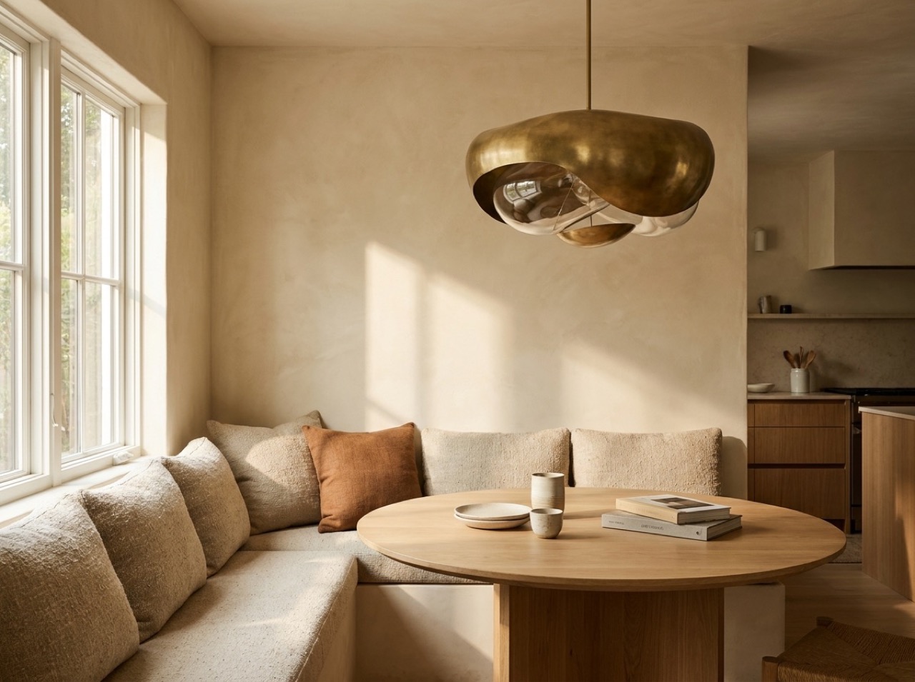 Renovated dining nook with built-in oak banquette