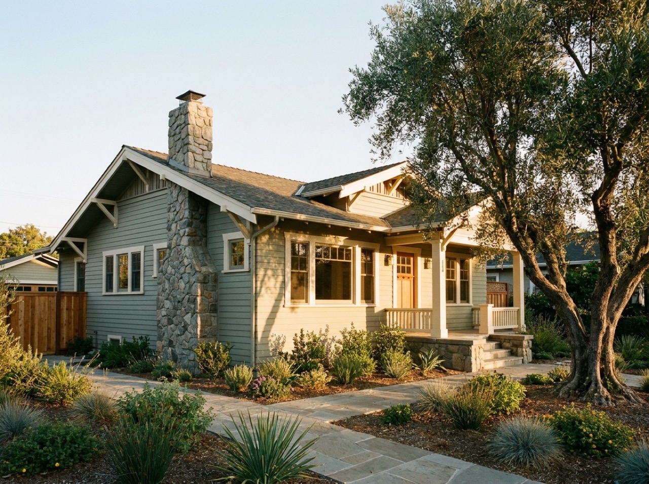 Renovated 1920s California craftsman home exterior at dusk