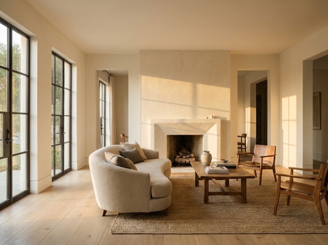 Renovated living room with plaster fireplace and linen sofa
